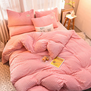 Soft Corduroy Velvet Fleece Quilt Cover Set - Soft Pink