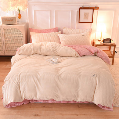 Soft Corduroy Velvet Fleece Quilt Cover Set - Cream Pink