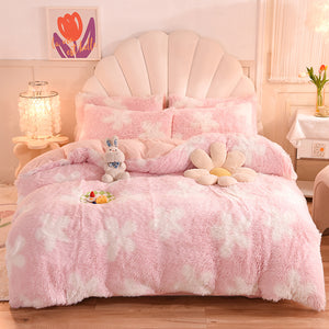 Fluffy Faux Mink & Velvet Fleece Quilt Cover Set - Flower