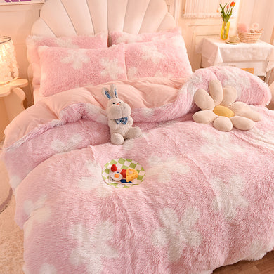 Fluffy Faux Mink & Velvet Fleece Quilt Cover Set - Flower