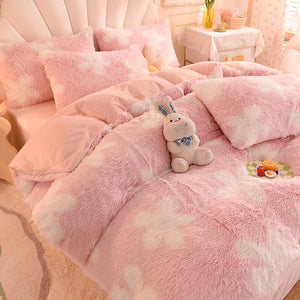 Fluffy Faux Mink & Velvet Fleece Quilt Cover Set - Flower