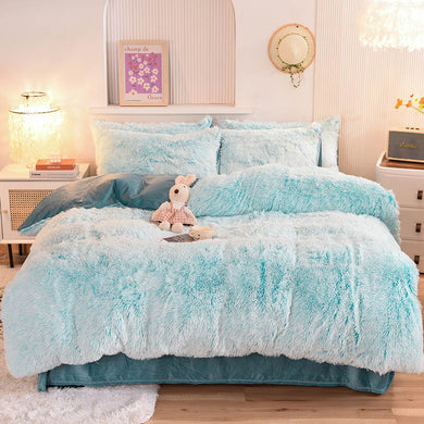 Fluffy Faux Mink & Velvet Fleece Quilt Cover Set - Blue white