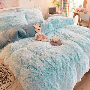 Fluffy Faux Mink & Velvet Fleece Quilt Cover Set - Blue white
