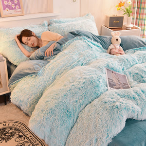 Fluffy Faux Mink & Velvet Fleece Quilt Cover Set - Blue white