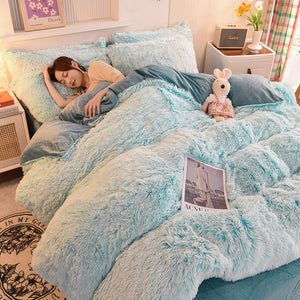 Fluffy Faux Mink & Velvet Fleece Quilt Cover Set - Blue white