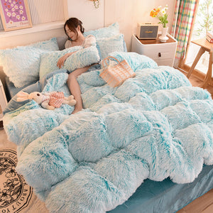Fluffy Faux Mink & Velvet Fleece Quilt Cover Set - Blue white