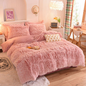 Fluffy Faux Mink & Velvet Fleece Quilt Cover Set - French Pink