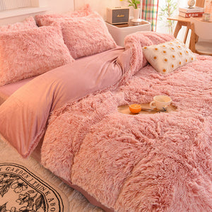 Fluffy Faux Mink & Velvet Fleece Quilt Cover Set - French Pink