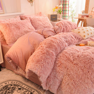 Fluffy Faux Mink & Velvet Fleece Quilt Cover Set - French Pink