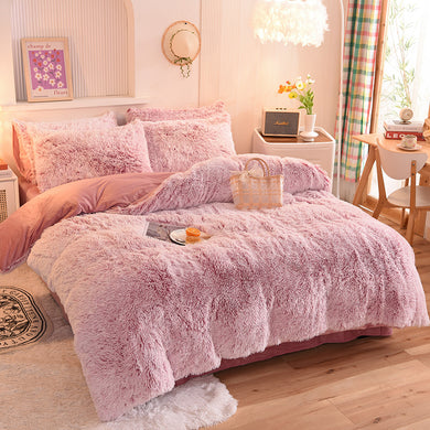 Fluffy Faux Mink & Velvet Fleece Quilt Cover Set - Deep Pink White