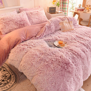 Fluffy Faux Mink & Velvet Fleece Quilt Cover Set - Deep Pink White