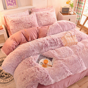 Fluffy Faux Mink & Velvet Fleece Quilt Cover Set - Deep Pink White