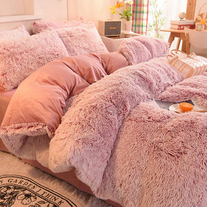 Fluffy Faux Mink & Velvet Fleece Quilt Cover Set - Deep Pink White