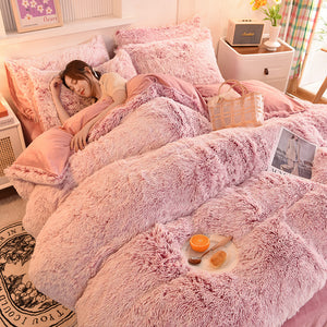 Fluffy Faux Mink & Velvet Fleece Quilt Cover Set - Deep Pink White