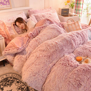Fluffy Faux Mink & Velvet Fleece Quilt Cover Set - Deep Pink White