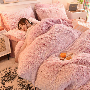 Fluffy Faux Mink & Velvet Fleece Quilt Cover Set - Deep Pink White
