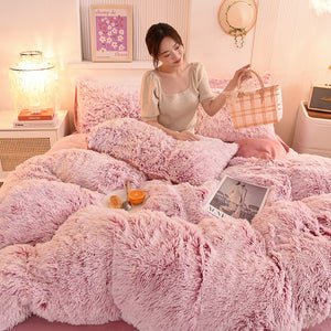Fluffy Faux Mink & Velvet Fleece Quilt Cover Set - Deep Pink White