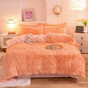 Fluffy Faux Mink & Velvet Fleece Quilt Cover Set - Orange white
