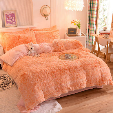 Fluffy Faux Mink & Velvet Fleece Quilt Cover Set - Orange white