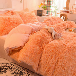 Fluffy Faux Mink & Velvet Fleece Quilt Cover Set - Orange white
