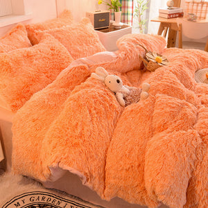 Fluffy Faux Mink & Velvet Fleece Quilt Cover Set - Orange white