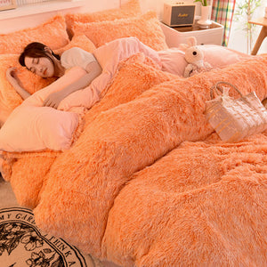 Fluffy Faux Mink & Velvet Fleece Quilt Cover Set - Orange white
