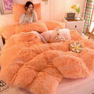 Fluffy Faux Mink & Velvet Fleece Quilt Cover Set - Orange white