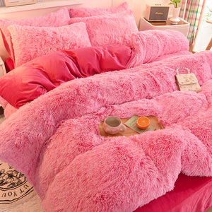 Fluffy Faux Mink & Velvet Fleece Quilt Cover Set - Pink white