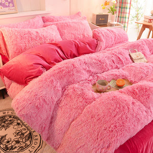 Fluffy Faux Mink & Velvet Fleece Quilt Cover Set - Pink white