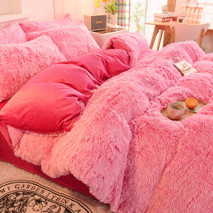 Fluffy Faux Mink & Velvet Fleece Quilt Cover Set - Pink white