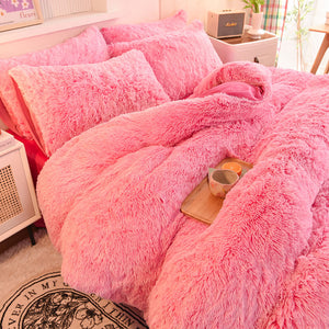 Fluffy Faux Mink & Velvet Fleece Quilt Cover Set - Pink white