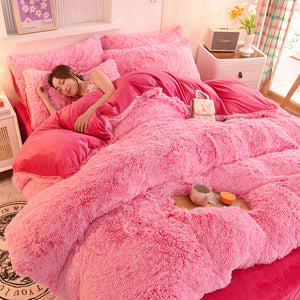 Fluffy Faux Mink & Velvet Fleece Quilt Cover Set - Pink white