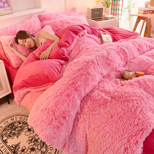 Fluffy Faux Mink & Velvet Fleece Quilt Cover Set - Pink white