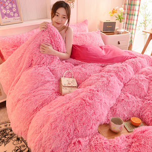 Fluffy Faux Mink & Velvet Fleece Quilt Cover Set - Pink white