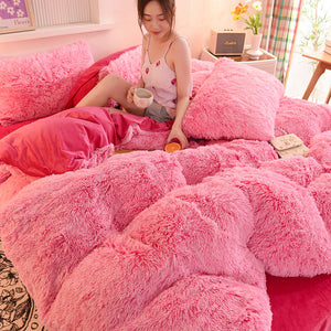 Fluffy Faux Mink & Velvet Fleece Quilt Cover Set - Pink white