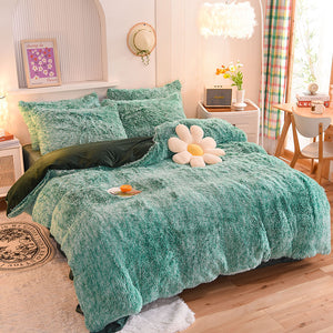 Fluffy Faux Mink & Velvet Fleece Quilt Cover Set - Green White