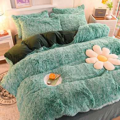 Fluffy Faux Mink & Velvet Fleece Quilt Cover Set - Green White