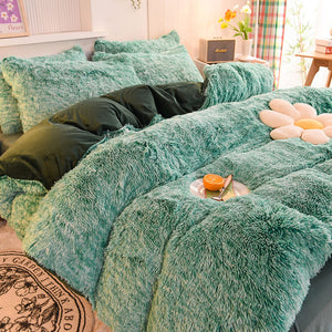 Fluffy Faux Mink & Velvet Fleece Quilt Cover Set - Green White
