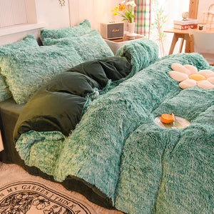 Fluffy Faux Mink & Velvet Fleece Quilt Cover Set - Green White