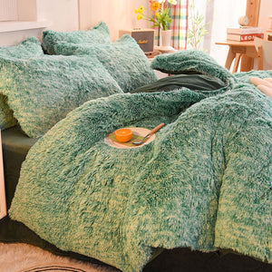 Fluffy Faux Mink & Velvet Fleece Quilt Cover Set - Green White