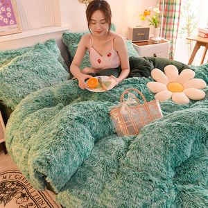Fluffy Faux Mink & Velvet Fleece Quilt Cover Set - Green White