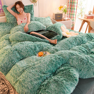 Fluffy Faux Mink & Velvet Fleece Quilt Cover Set - Green White
