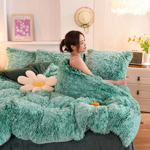 Fluffy Faux Mink & Velvet Fleece Quilt Cover Set - Green White