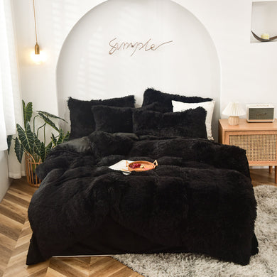 Fluffy Faux Mink & Velvet Fleece Quilt Cover Set - Black