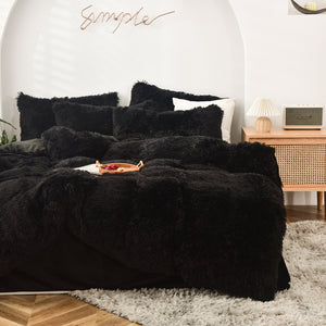 Fluffy Faux Mink & Velvet Fleece Quilt Cover Set - Black