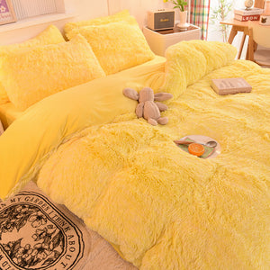 Fluffy Faux Mink & Velvet Fleece Quilt Cover Set - Yellow White