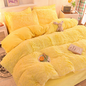 Fluffy Faux Mink & Velvet Fleece Quilt Cover Set - Yellow White