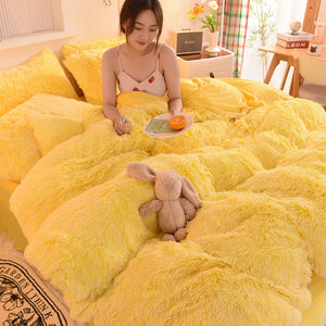 Fluffy Faux Mink & Velvet Fleece Quilt Cover Set - Yellow White