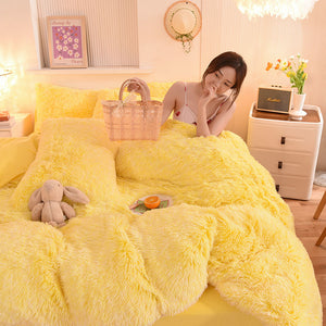 Fluffy Faux Mink & Velvet Fleece Quilt Cover Set - Yellow White