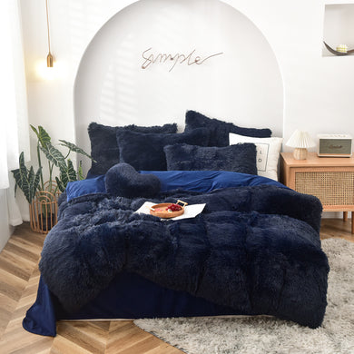 Fluffy Faux Mink & Velvet Fleece Quilt Cover Set - Navy